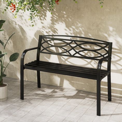 Banc de Jardin 116CM Amour Métallique Robuste pour 2 Personnes avec Accoudoirs Courbés et Dossier Mobilier de Style Parc Noir (1/3)
