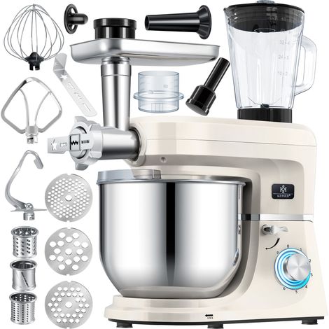 Kesser – Robot de cuisine multifonction 1500W – Bol inox 5,5L – Hachoir à viande – 6 vitesses – Protection anti-éclaboussures – Accessoires inclus