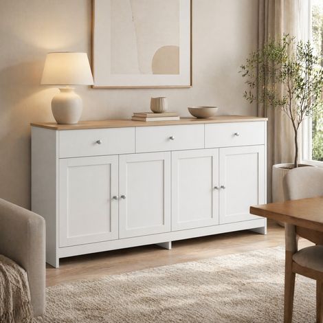 Aparador 160 x 37 x 75 cm con 4 puertas y 3 cajones blanco y madera HAVRYA (1/5)