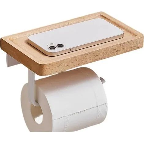 Porte-rouleau de papier toilette blanc auto-adhésif avec étagère en bambou, sans perçage. Porte-rouleau de papier toilette mural 2 en 1 avec perçage. (1/2)