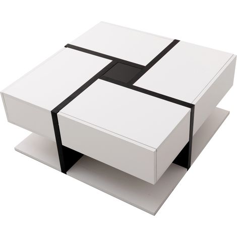 Mesa de centro cuadrada de alto brillo 78 x 78 x 36 cm con 4 cajones y balda inferior (1/5)