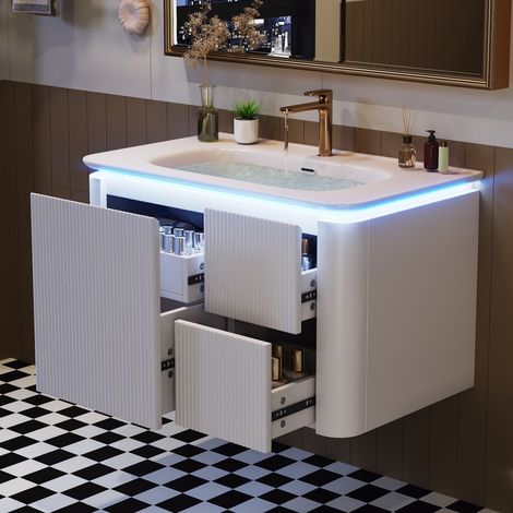 Vasque murale 80,5x47,5x51 cm, meuble laqué blanc, finition brillante, rangement vertical avec tiroirs amortis, LED à détection radar, résistant aux chocs, lavabo intégré, design moderne. (1/5)