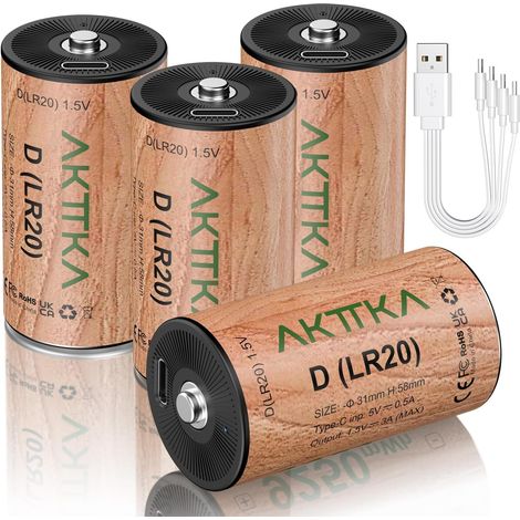 Piles Rechargeables LR20 Mono D Lot de 4 – 1,5 V Lithium-ION Taille D, 9250 mWh, Charge USB-C Directe, Câble 4-en-1, 500+ Cycles, pour Camping, Lanterne (1/5)