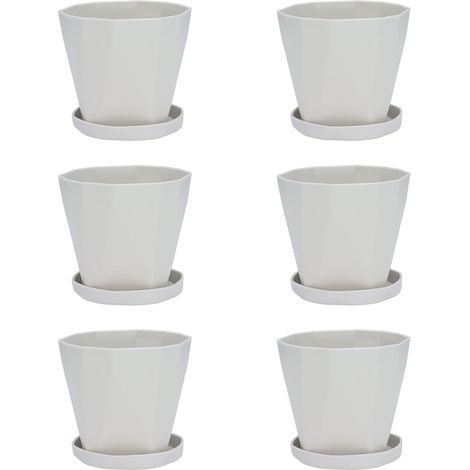 Juego de 6 macetas de plástico pequeñas, ligeras, versátiles y de estilo sencillo, con platillos, para uso en interiores, balcones y exteriores, color gris claro. (1/5)