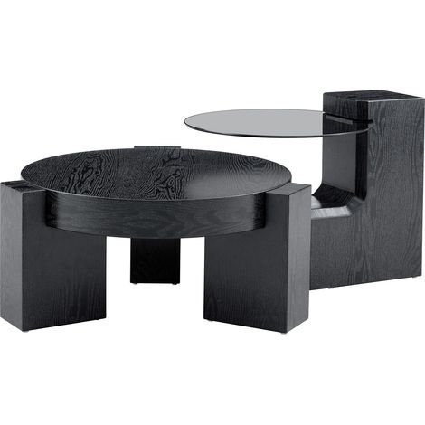 GagaEnsemble de tables basses gigognes, effet bois noir et verre trempé teinté gris, modulable (1/5)