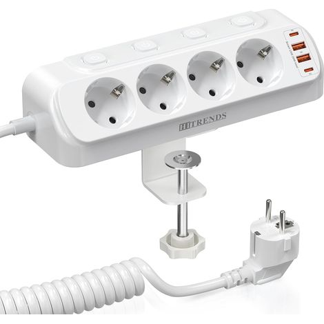 table power strip 4 sockets with 2 usb c ports corner power strip with 4 usb ports desk socket kitchen socket wall mount power strip with switch 2m white (1/5)