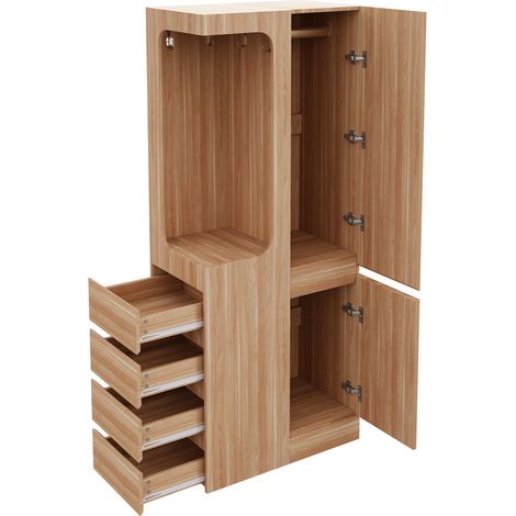 Armoire avec porte unique, tiroirs et espace penderie ouvert en bois, 70 x 40 x 170 cm, couleur blanche et bois (1/5)