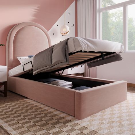 Cama tapizada infantil (90x200 cm), con colchón, cabecero curvo, almacenaje hidráulico, terciopelo rosa (1/5)