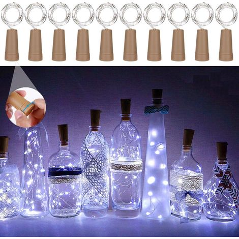 Guirlande lumineuse de 10 Boîteilles,alimentée par batterie,lumières décoratives en fil de cuivre pour Boîteilles de bricolage/bar/guinguette/mariage/Noël/fête (200cm 20LED True White)