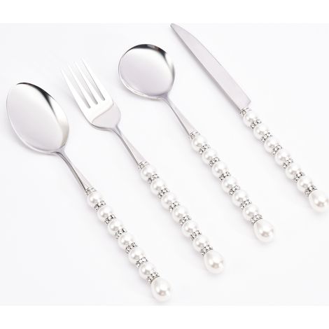 Ensemble de couverts Vaisselle Argenterie Manche en acier inoxydable, élégant ensemble de couverts en acier inoxydable perlé 4 pièces Couteau Fourchette Cuillère Cuillère à dessert Coffret c (1/5)