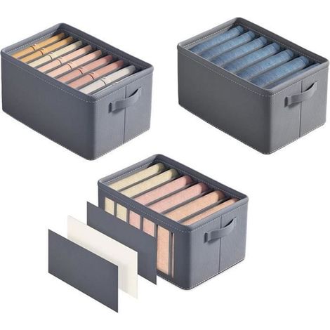 Jeans Boîte de Rangement,3 Pièces Pliable Organisateur Tiroir avec Compartiments Rangement Vetement pour Jean,Vêtements-Gris (1/4)
