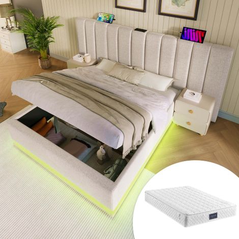 Polsterbett 160×200, Doppelbett Stauraumbett mit App Control LED und USB-C Ladefunktion, Bettgestell mit Lattenrost, Leinen, Beige, Ohne Nachttisch, Mit Matratze