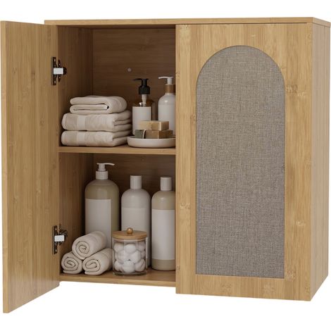 Armoire de toilette murale bohème chêne, 2 portes rotin à fermeture amortie, étagère modulable pour salle de bain. (1/5)