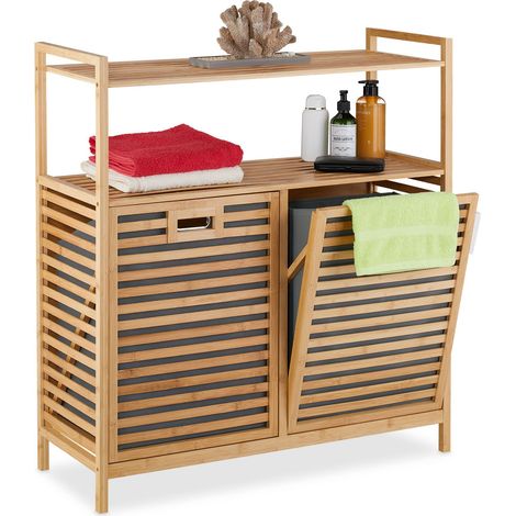 Relaxdays – Meuble à linge 2 bacs basculants 40L – Dimensions H 95 x L 88 x P 33 cm – Conception en bambou pour salle de bain