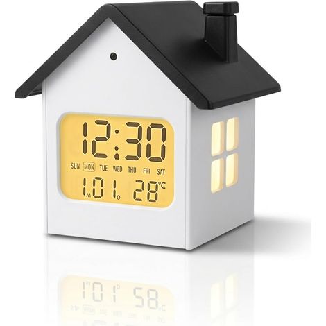 Reloj despertador LCD con forma de casa con iluminación, pequeño reloj digital a pilas con fecha, día de la semana, temperatura, atenuador automático y control de volumen. (1/5)