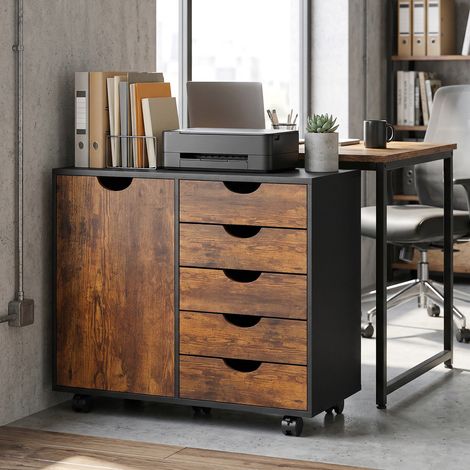 Meuble de rangement pour bureau 5 tiroirs 1 porte étagère réglable. support imprimante roulettes. 78x40x66.5 cm. marron