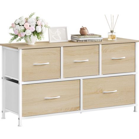 WOLTU Cómoda de dormitorio de 5 cajones y 2 niveles en tela, color roble claro y blanco
