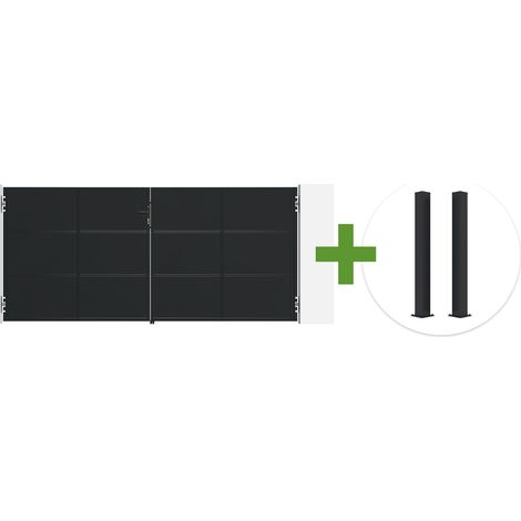 Portail battant acier noir mat 3,5m NALI H.160cm + 2 poteaux 10x10 acier CARMO (1/5)