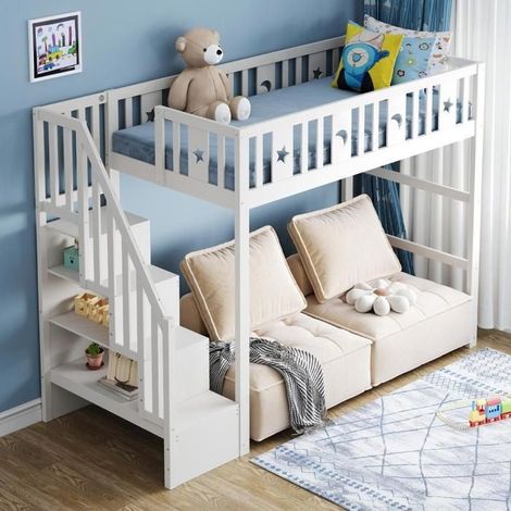 Lit superposé enfant - KOMHTOM - 90 x 200 cm - Bois massif - Escalier avec rangements - Barrière de sécurité (1/5)