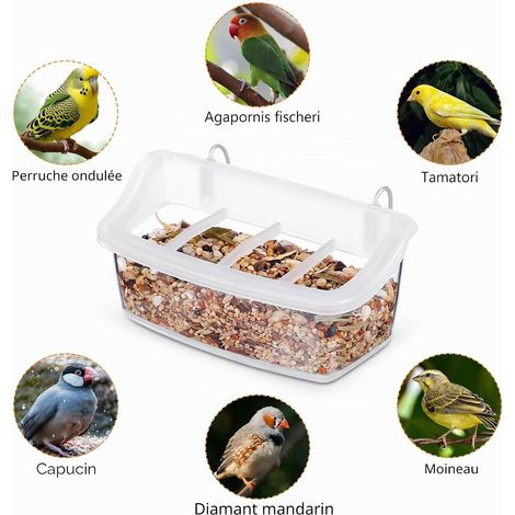 2 Pièces Mangeoire pour Oiseaux Extérieur Plastique Transparent avec Compartiments Suspendue Anti-gaspillage et Anti-Projections Compatible Cage pour Perroquets et Petits Oiseaux (1/5)