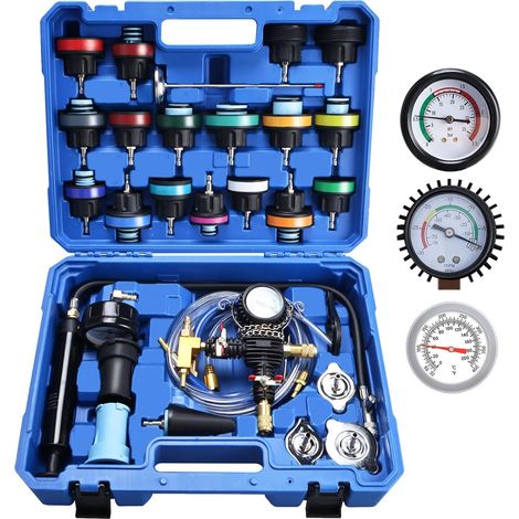 28pcs Testeur Systeme de Refroidissement, Kit Testeur Pression Radiateur, Universels Test Fuite et Purgeur pour Liquide Refroidissement, Appareil Test Radiateur avec Pompe et Adaptateur