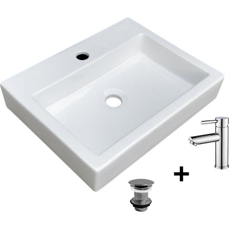 Rechteckiges Aufsatzwaschbecken 48x38cm + Wasserhahn + PADI-Ablaufgarnitur