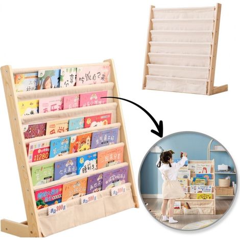 Estantería de 6 niveles, organizador de libros con bolsillos, 79 x 60 cm, SZ45