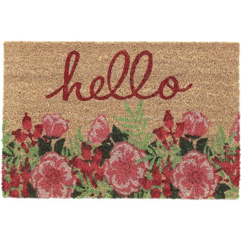 Relaxdays Felpudo Coco, Mensaje Hello y Flores, 40x60 cm, Alfombrilla Interior y Exterior, Antideslizante, Multicolor