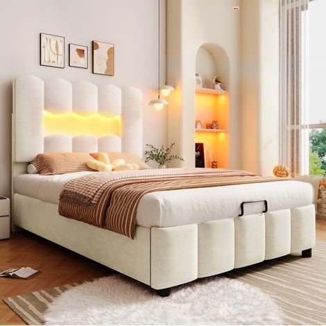 Lit rembourré moderne 90x200 cm en velours beige avec tête de lit réglable, LED et coffre hydraulique (1/5)