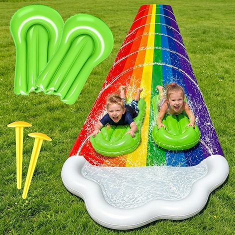 Toboggan aquatique arc-en-ciel pour enfants, 480 x 140 cm, double toboggan d'eau avec planche de bodyboard, toboggan d'eau avec pulvérisateur d'eau, pour adultes, enfants, extérieur (1/5)