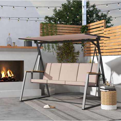Gartenschaukel aus Stahl in Khaki, 3-Sitzer mit verstellbarem Sonnendach und Kissen (1/5)