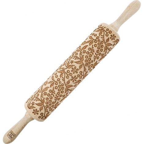 Mattarello in legno MoodForWood, inciso, 43 cm con manici, perfetto per la cottura al forno - Motivo Rowan (1/5)
