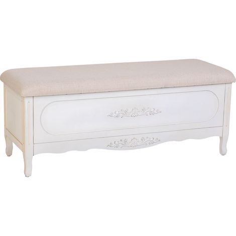 Banqueta de madera lacada blanco envejecido y acolchada 120x43x48h cm (1/5)
