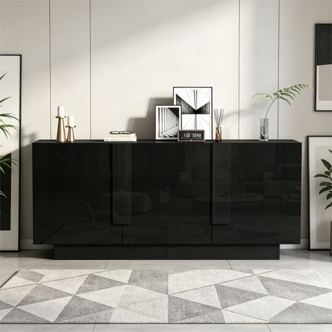 Buffet salon noir brillant 160 x 35 x 60 cm 3 portes 6 compartiments, étagères ajustables grand rangement commode moderne chic déco