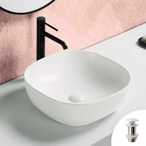 Vasque à poser carrée 41x41cm en céramique blanc mat + bonde pop-up incluse collection ALTANE (1/5)