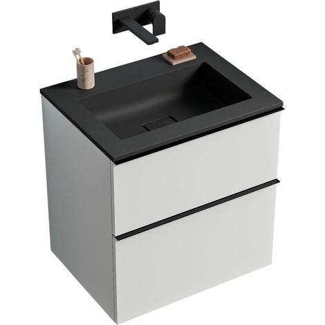 Unterschrank Bernstein LAVOA 60 cm mit Mineralguss Waschbecken BRUXELLES - Badmöbelfarbe Weiß matt, Griff Schwarz matt, Waschbecken Schwarz matt ohne Hahnloch
