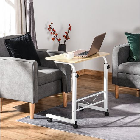 Table d'appoint C réglable en hauteur à roulettes avec freins, idéale comme table de chevet ou de salon, plateau bois clair et métal CHICFURN (1/5)