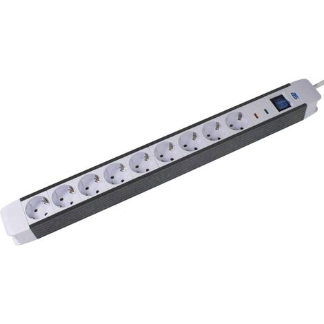 as - Schwabe Ciabatta elettrica FLASH con protezione da sovratensione, 9 prese e cavo da 1,5 m, cavo di prolunga con protezione da sovratensione, spina con interruttore on-off, IP20, bianco, 183669, (1/5)