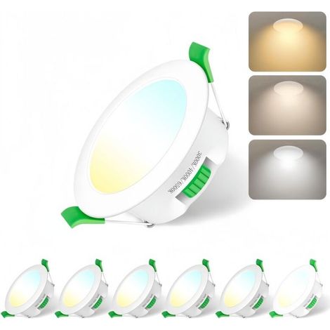 Ensemble de 6 spots LED intégrés, Ackerman, 7W, dimmable, température de couleur réglable, Soustraits, 3000K/4000K/6500K, IP44, 29.1x94.5mm, Blanc (1/5)