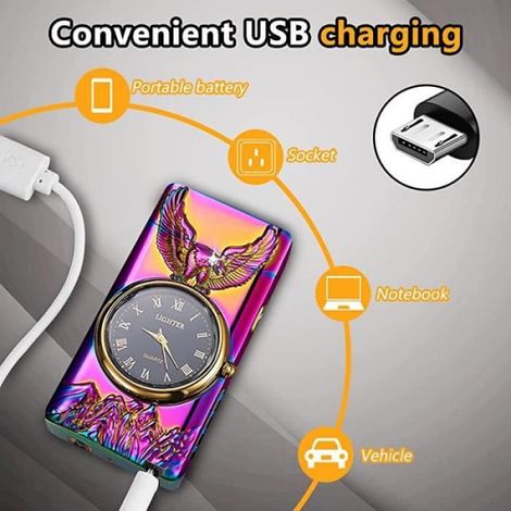Briquet Electrique Aigle avec Fonction Horloge, Briquet Electrique USB avec Un Beau Cadran, Briquet Tempête pour Homme - couleurs (1/4)