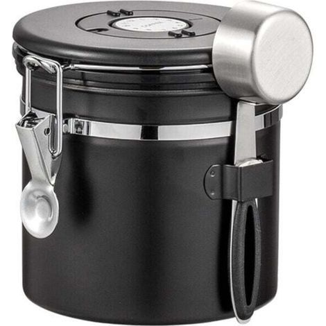 Recipiente de acero inoxidable para café - Bote hermético para almacenar granos de café, capacidad de 1200 ml con cuchara medidora y rueda de fecha, negro (1/4)