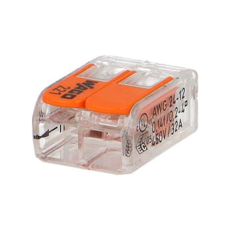 Wago – Lot de 50 bornes à leviers souple et rigide 2x6mm² – Connexion CAGE CLAMP® – Courant 41A – Tension 450V – Pour conducteurs 0,5 à 6mm²