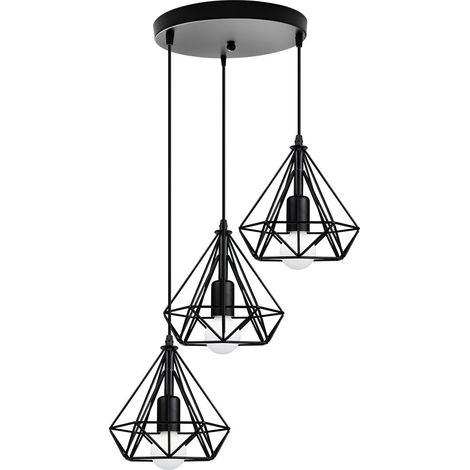3Lichter Industrial Pendelleuchte Käfig, Schwarz Hängelampe aus Eisen E27 Runde Basis für Wohnzimmer Esszimmer Küche Cafét Bars - Ohne Leuchtmittel