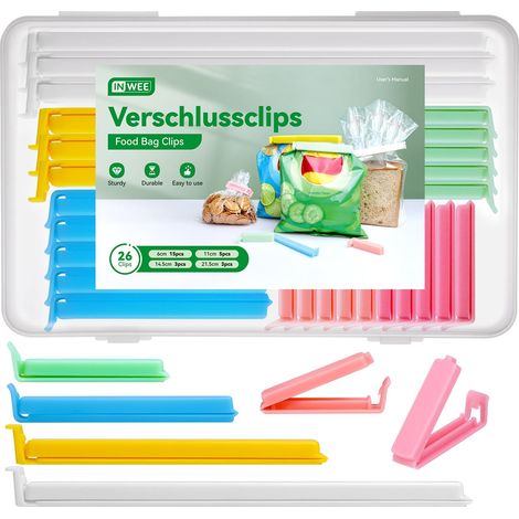 26 Pièces Pince Sachet Alimentaire, Fermeture Sachet Alimentaire 21.5/14.5/11/6 cm, Pince Sachet Cuisine Réutilisable pour Emballage Cuisine Bonbons Snack Café Noix 6 Couleurs (1/5)
