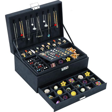 3-Tier Jewelry Box with Drawer – Large Velvet Jewelry Organizer with Lock and Key, 8 Hooks for Necklaces and 56 Slots for Earrings (1/5)