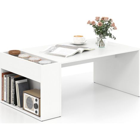 COSTWAY Coffee Table 85cm Coffee Table with Double-Layer Storage Space White (1/5)