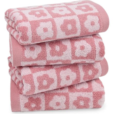 Serviettes en coton à carreaux roses et à motifs floraux - ensemble de 4 pièces à séchage rapide, convenant à la décoration de la salle de bain des femmes et des filles, 29 pouces x 13 pouces.