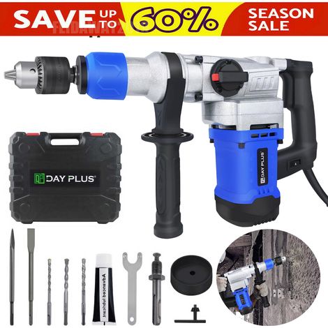 3000W Heavy Duty Rotary Hammer Drill, Electric Hammer Drill with Safety Clutch 3 Functions, Drilling Pneumatic Impact Drilling Chiselling with Adjustable Soft Grip Handle, Carrying Case (1/5)