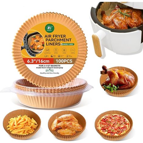 Papier Cuisson pour Air Fryer- 100 Pièces - Adapté pour Friteuse Air sans Huile 2 à 5 QT (16 cm) - Naturel, Sain, Antiadhésif et Écologique - Rondes pour Actifry, Cosori, Ninja, Philips (1/5)