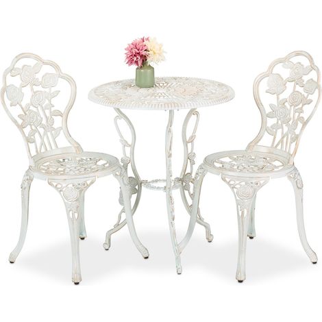 Relaxdays Gartenmöbel Set, 3-teilig, Tisch & 2 Stühle, Vintage Balkonmöbel, Aluguss, Garten Sitzgruppe, weiß/bronze